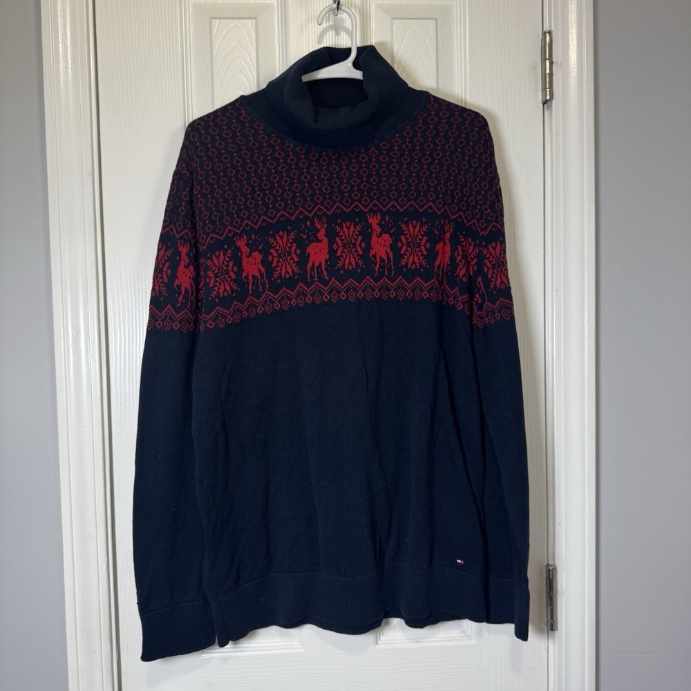 Tommy Hilfiger Women's Snowflake Stella Turtleneck Sweater Large Navy Red